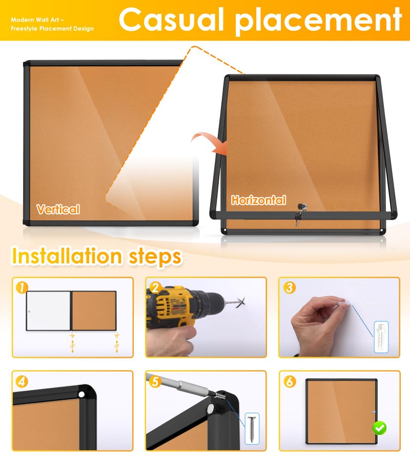 S SWANCROWN SWANCROWN Lockable Noticeboard Wall-Mounted Bulletin Cork Boards Tamper Proof Information Board Indoor,Black Frame,28x26 inch (6xA4) - Image 4